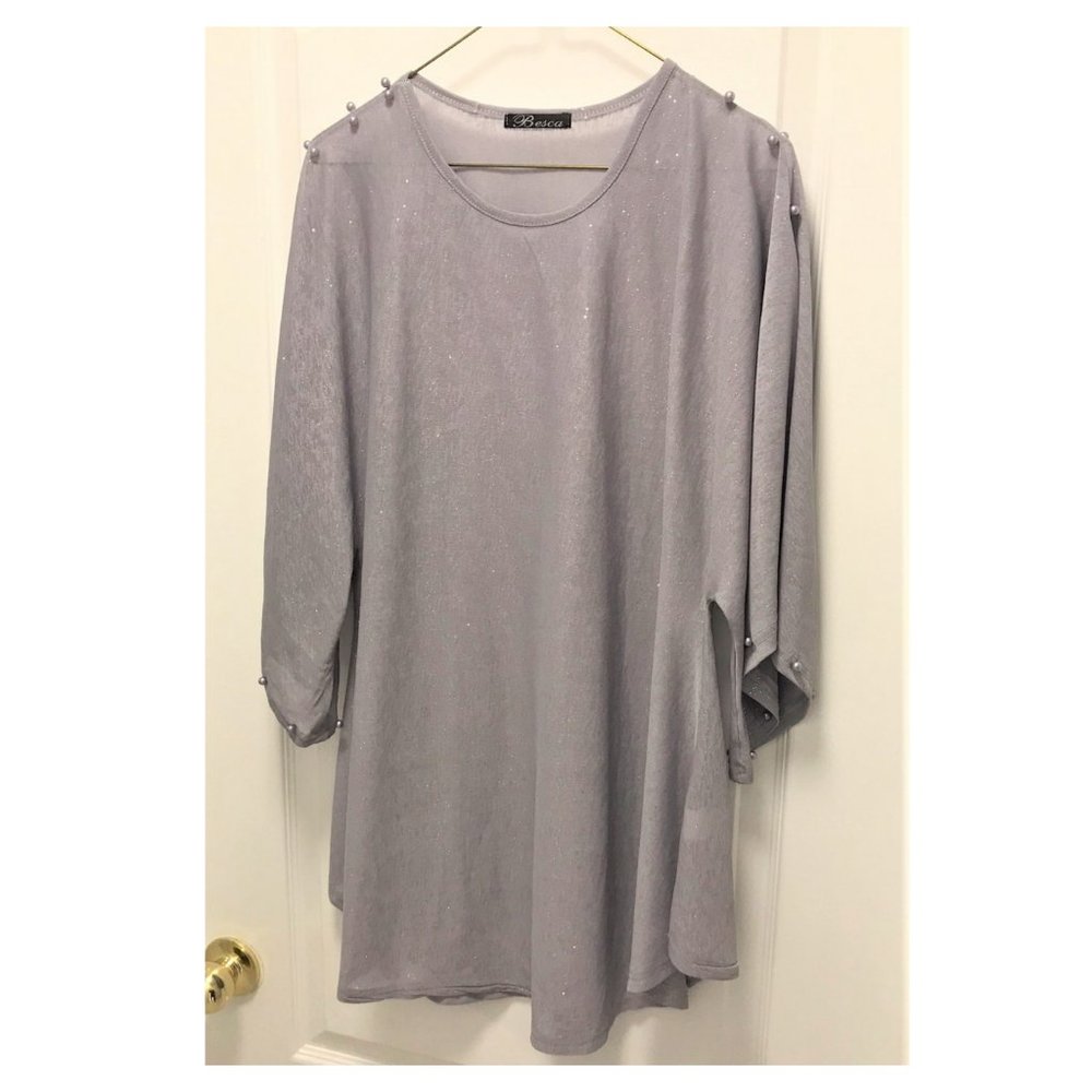 Grey Pearls Embellished Kimono Sleeve Tunic Top Size L
